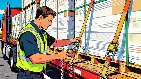 Driver performing load restraint and safety checks before an interstate transport run